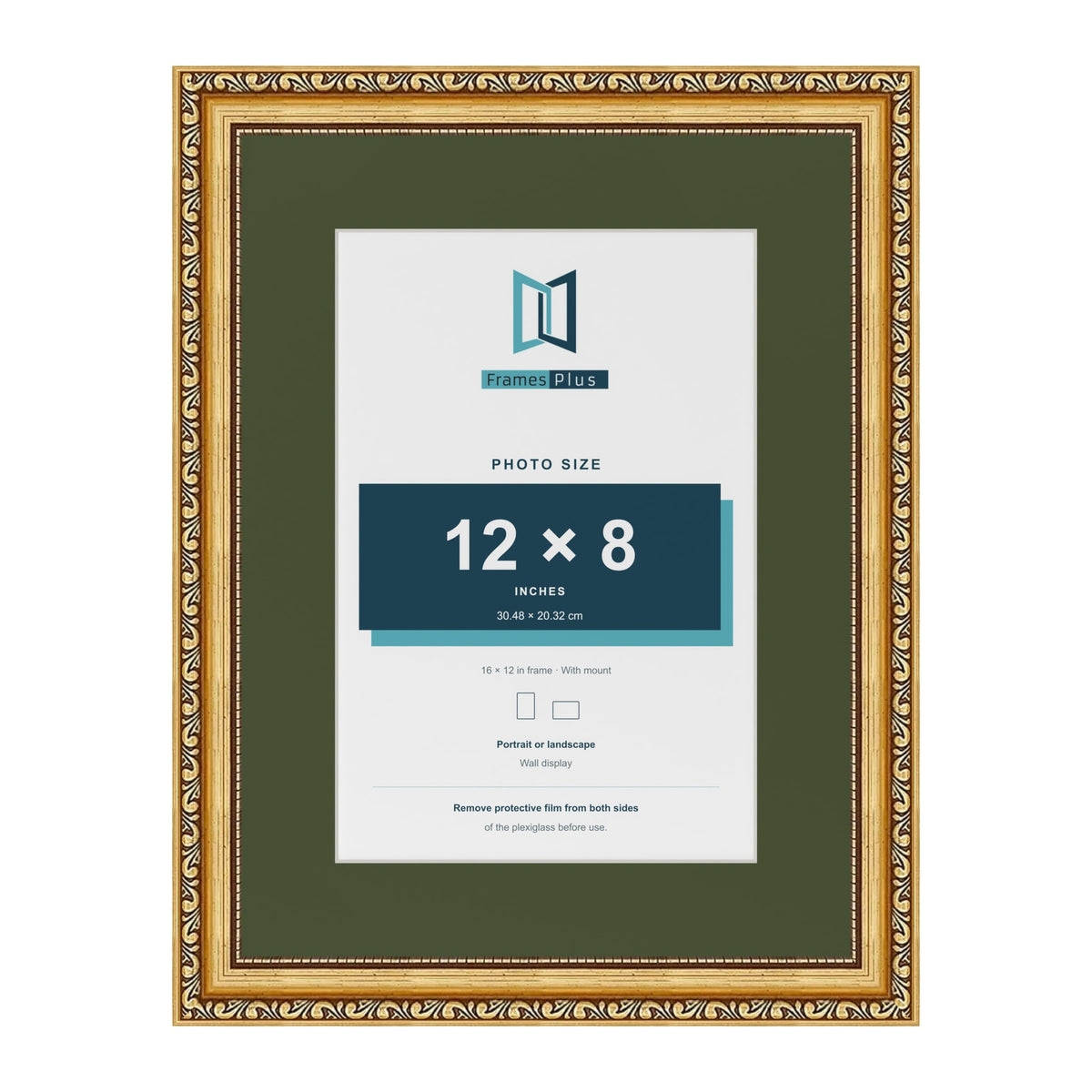 Louis Gold 16 x 12 inch picture frame with a green mount for a 12 x 8 inch photo