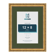 Louis Gold 16 x 12 inch picture frame with a green mount for a 12 x 8 inch photo