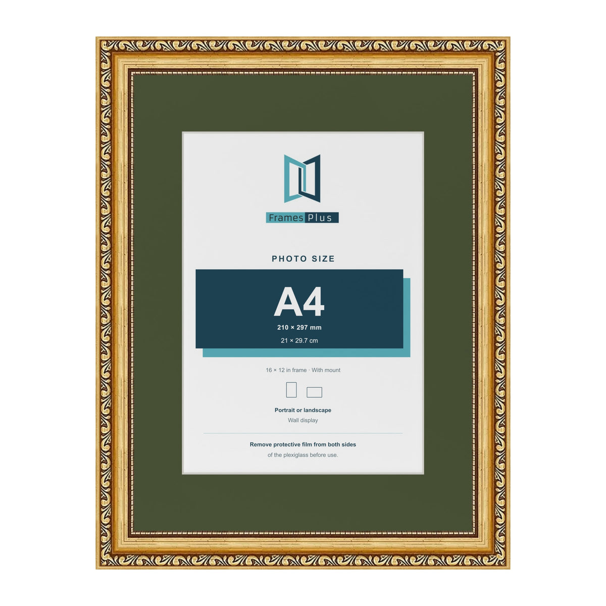 Louis Gold 16 x 12 inch picture frame with a green mount for an A4 photo
