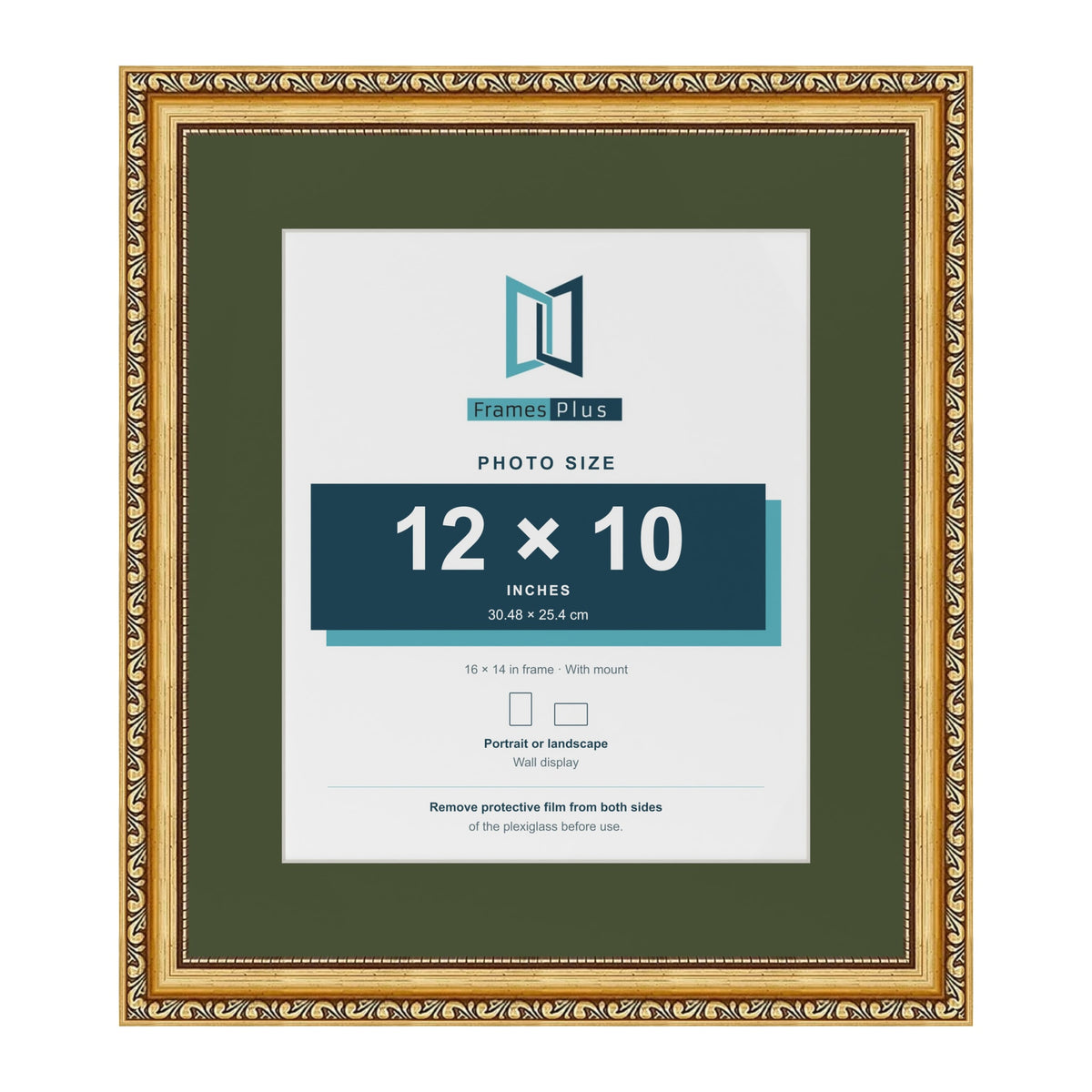Louis Gold 16 x 14 inch picture frame with a green mount for a 12 x 10 inch photo