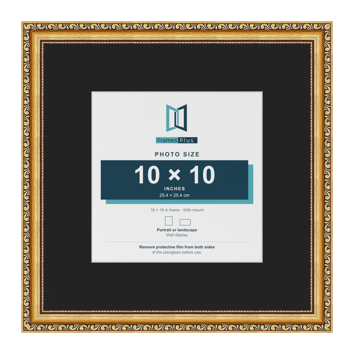 Louis Gold 16 x 16 inch picture frame with a black mount for a 10 x 10 inch photo