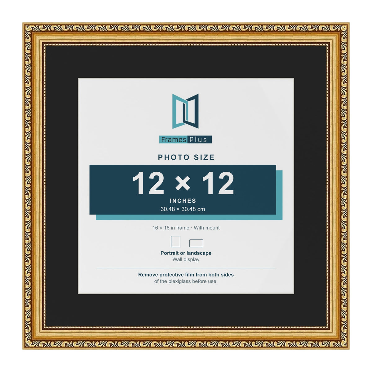 Louis Gold 16 x 16 inch picture frame with a black mount for a 12 x 12 inch photo
