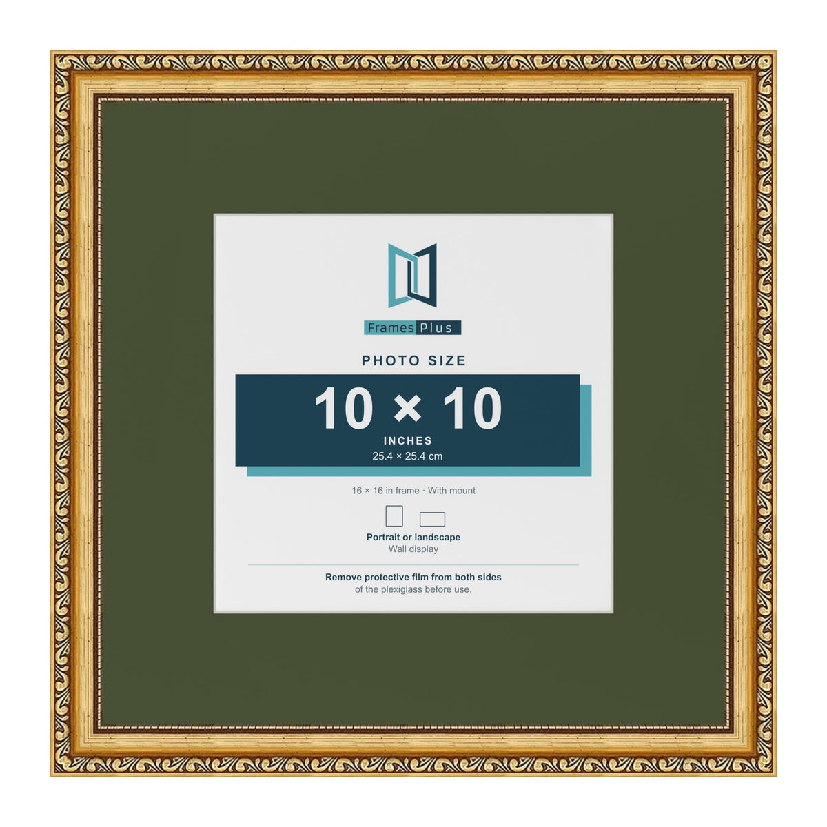 Louis Gold 16 x 16 inch picture frame with a green mount for a 10 x 10 inch photo