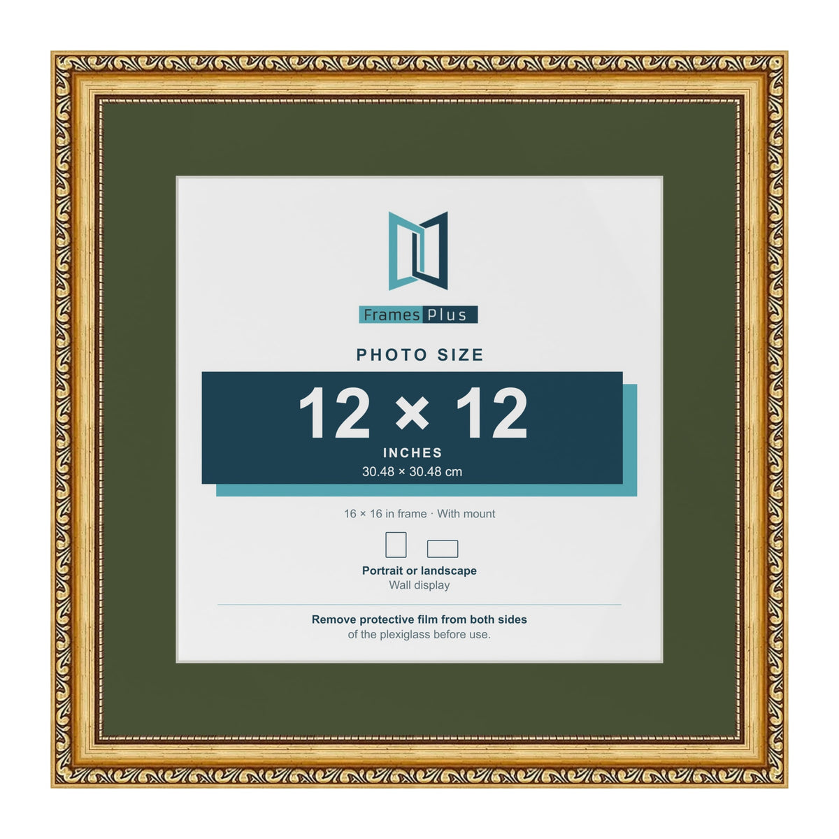Louis Gold 16 x 16 inch picture frame with a green mount for a 12 x 12 inch photo