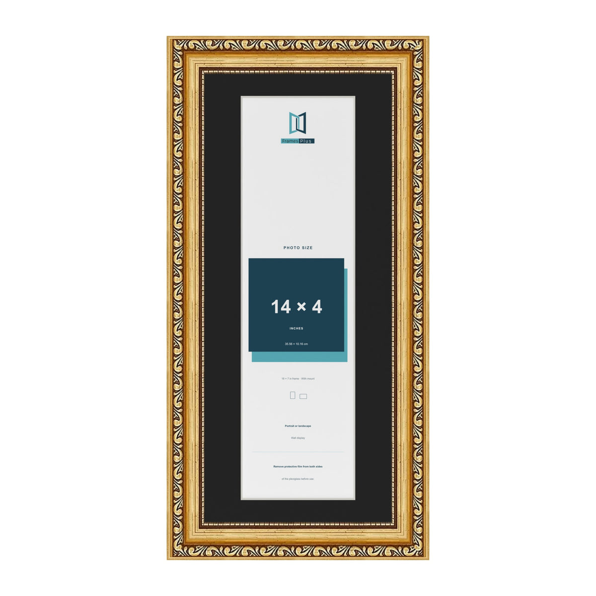 Louis Gold 16 x 7 inch picture frame with a black mount for a 14 x 4 inch photo