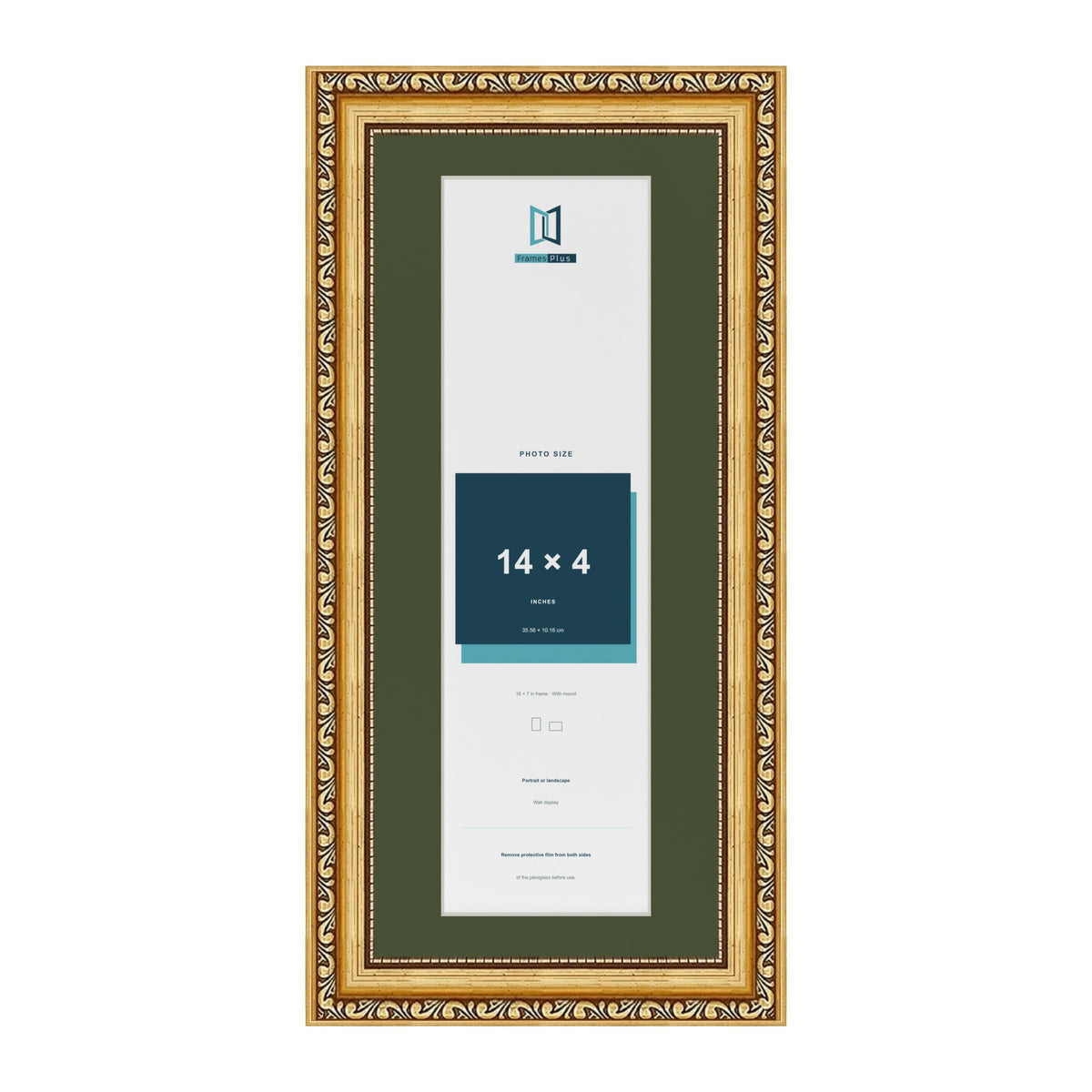 Louis Gold 16 x 7 inch picture frame with a green mount for a 14 x 4 inch photo
