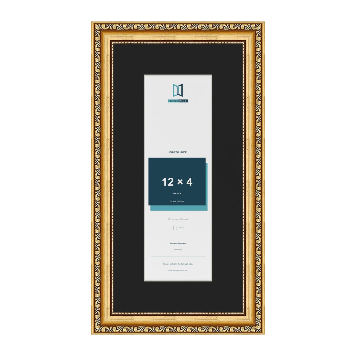 Louis Gold 16 x 8 inch picture frame with a black mount for a 12 x 4 inch photo