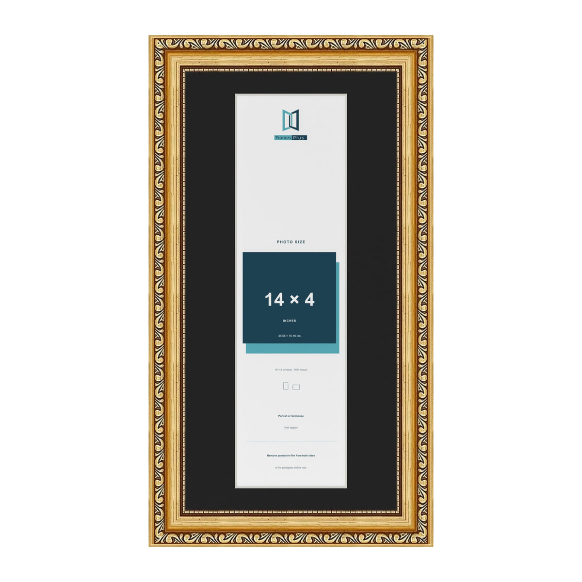 Louis Gold 16 x 8 inch picture frame with a black mount for a 14 x 4 inch photo