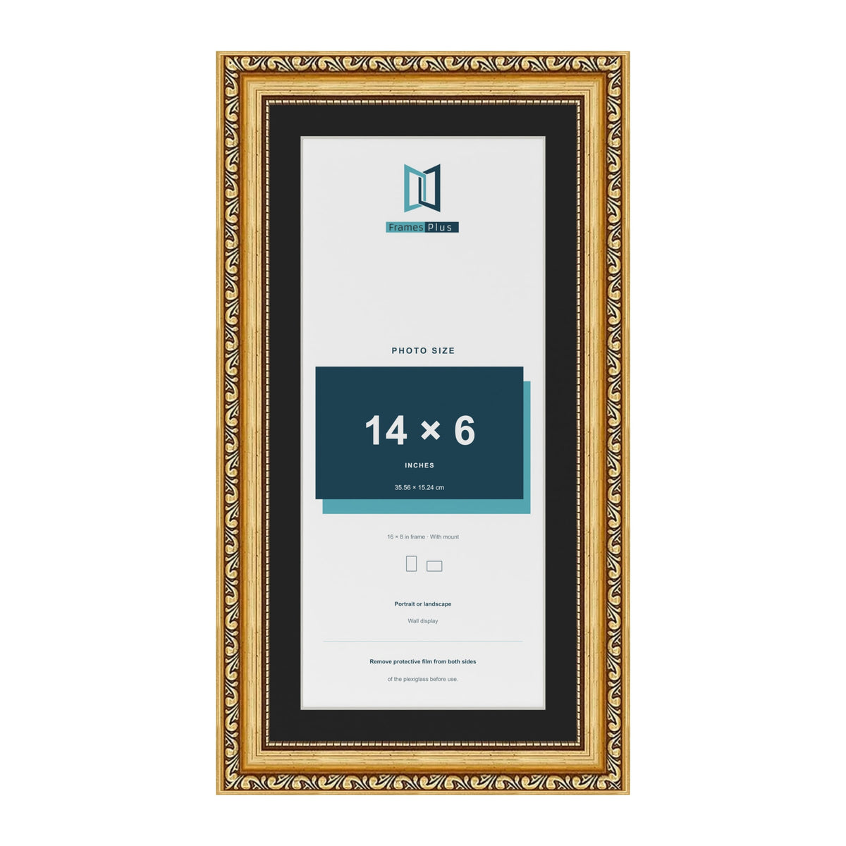 Louis Gold 16 x 8 inch picture frame with a black mount for a 14 x 6 inch photo