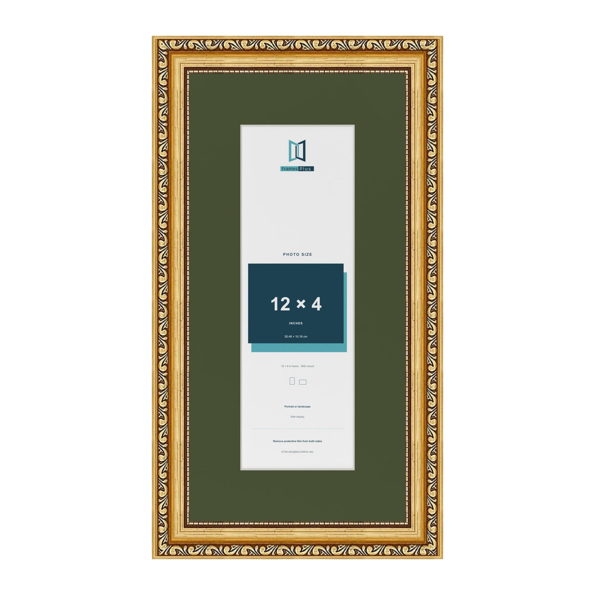 Louis Gold 16 x 8 inch picture frame with a green mount for a 12 x 4 inch photo