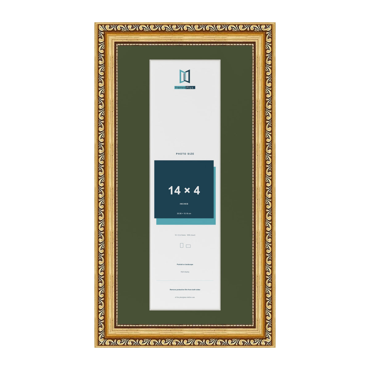Louis Gold 16 x 8 inch picture frame with a green mount for a 14 x 4 inch photo