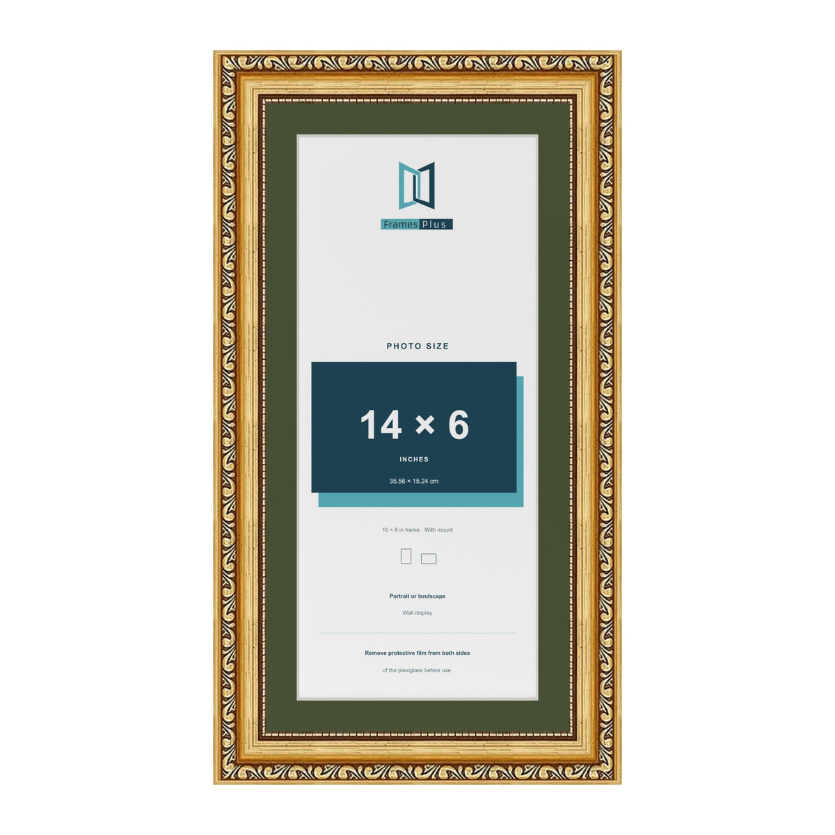 Louis Gold 16 x 8 inch picture frame with a green mount for a 14 x 6 inch photo
