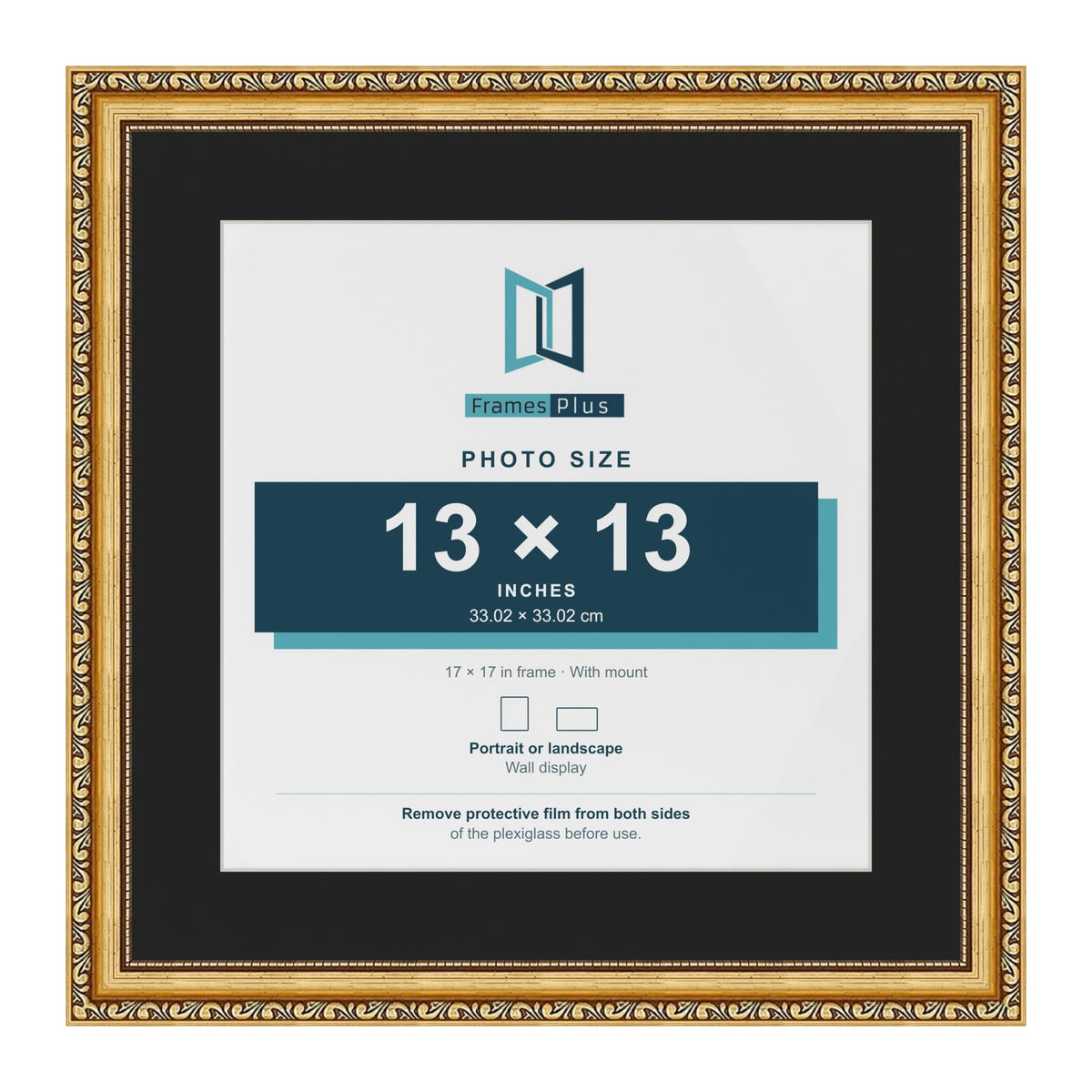 Louis Gold 17 x 17 inch picture frame with a black mount for a 13 x 13 inch photo