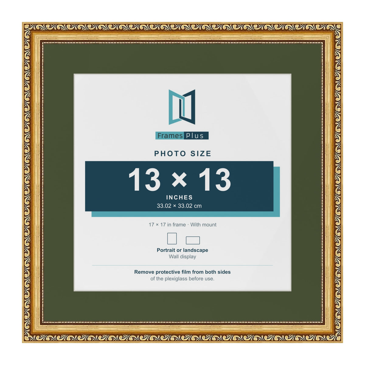 Louis Gold 17 x 17 inch picture frame with a green mount for a 13 x 13 inch photo