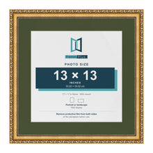 Louis Gold 17 x 17 inch picture frame with a green mount for a 13 x 13 inch photo