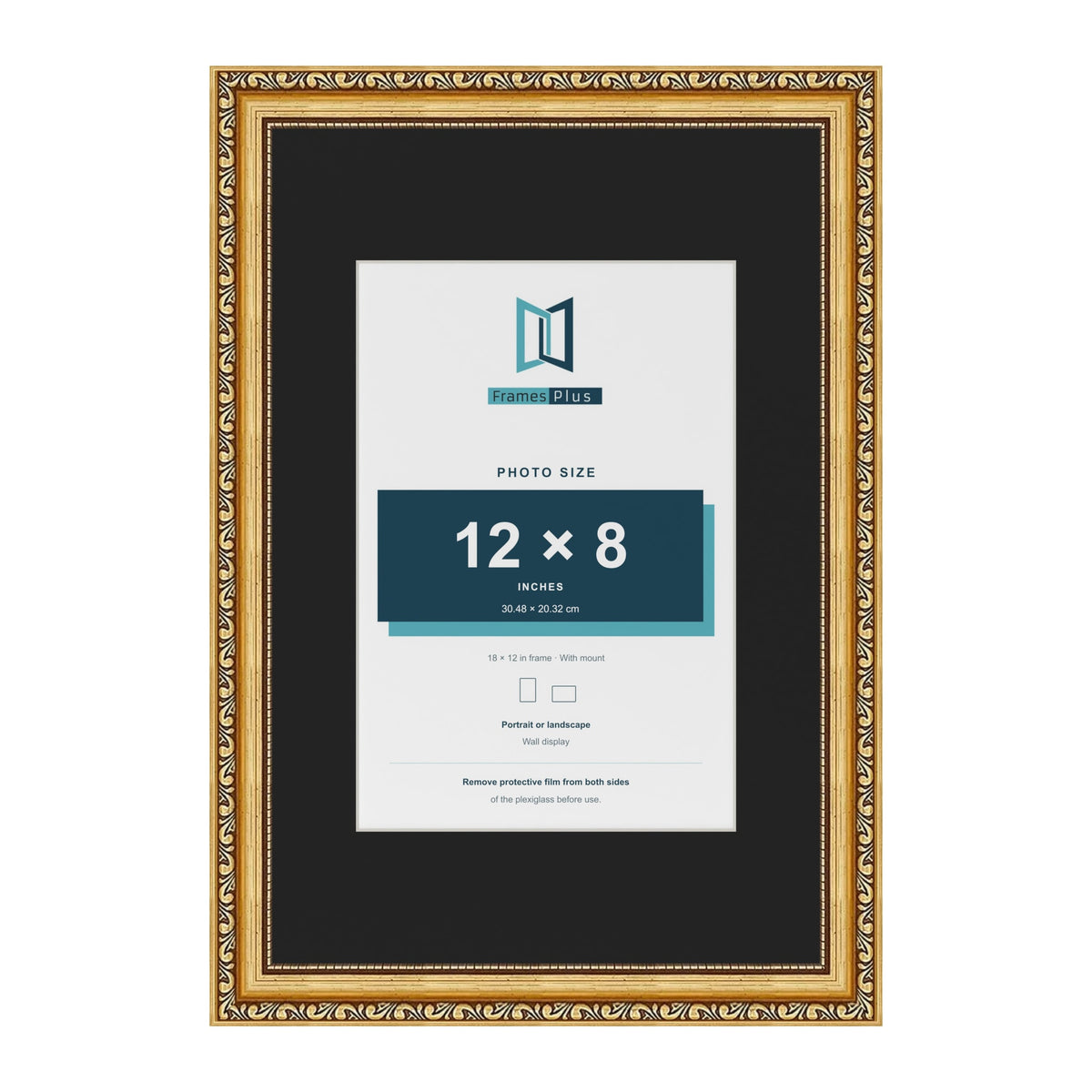 Louis Gold 18 x 12 inch picture frame with a black mount for a 12 x 8 inch photo
