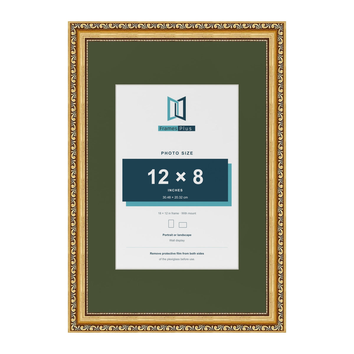 Louis Gold 18 x 12 inch picture frame with a green mount for a 12 x 8 inch photo
