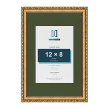 Louis Gold 18 x 12 inch picture frame with a green mount for a 12 x 8 inch photo
