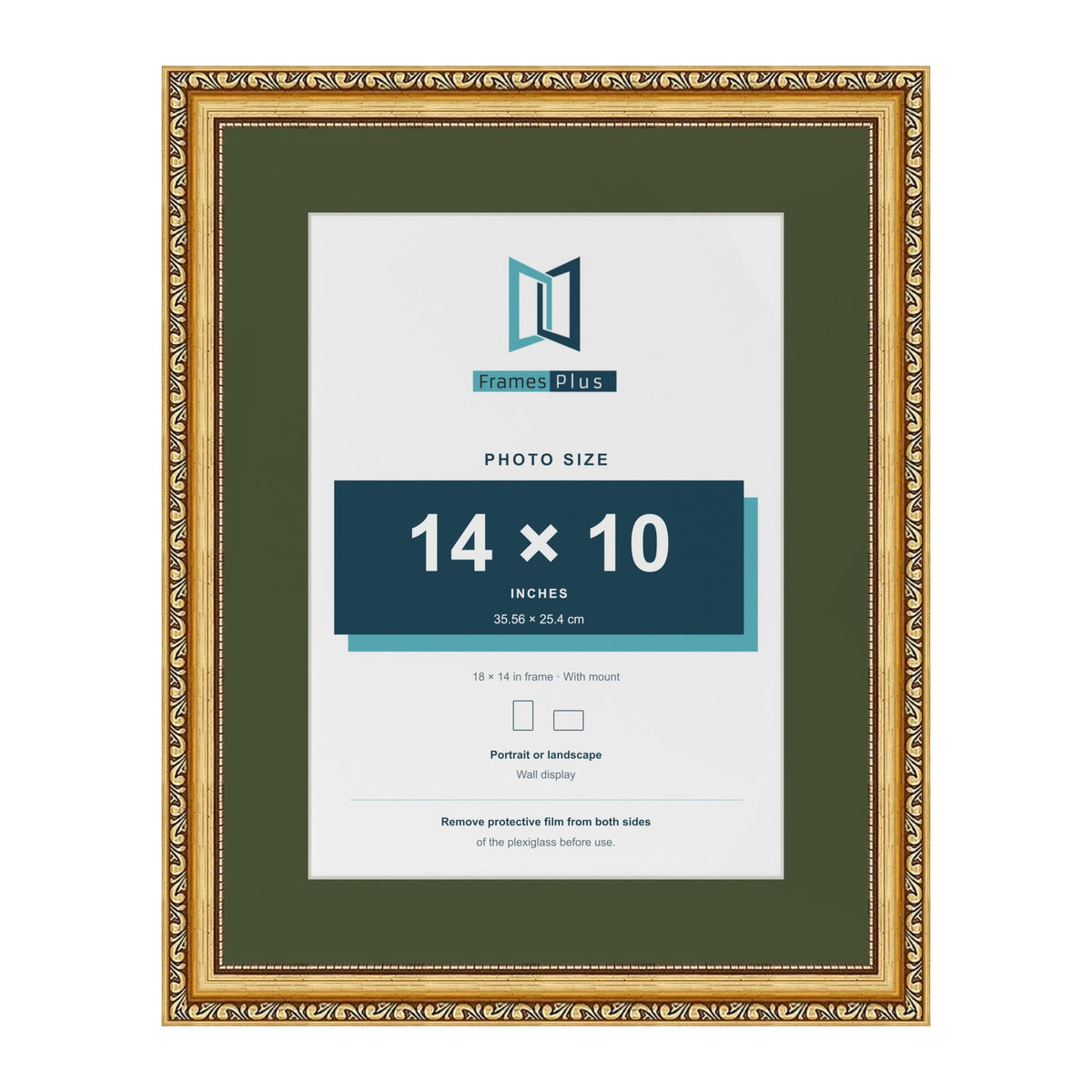 Louis Gold 18 x 14 inch picture frame with a green mount for a 14 x 10 inch photo