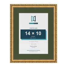 Louis Gold 18 x 14 inch picture frame with a green mount for a 14 x 10 inch photo
