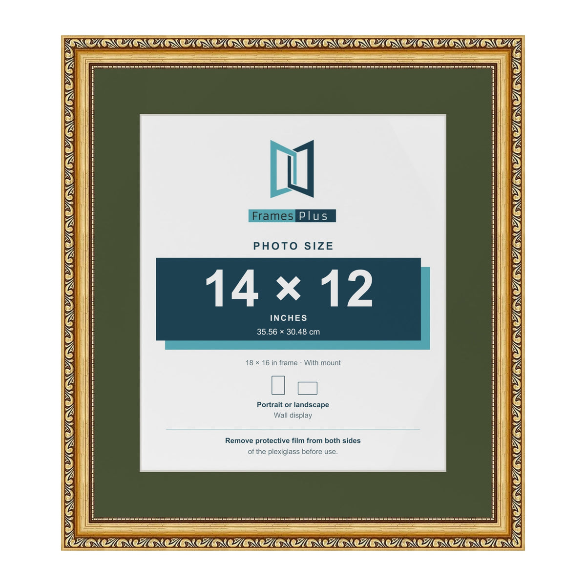 Louis Gold 18 x 16 inch picture frame with a green mount for a 14 x 12 inch photo