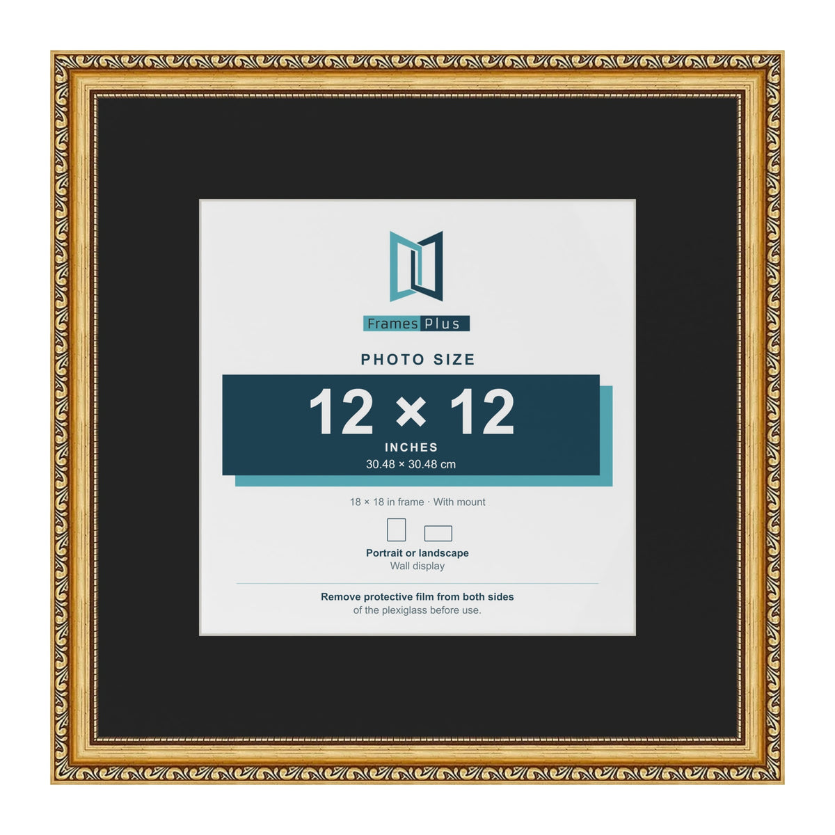 Louis Gold 18 x 18 inch picture frame with a black mount for a 12 x 12 inch photo