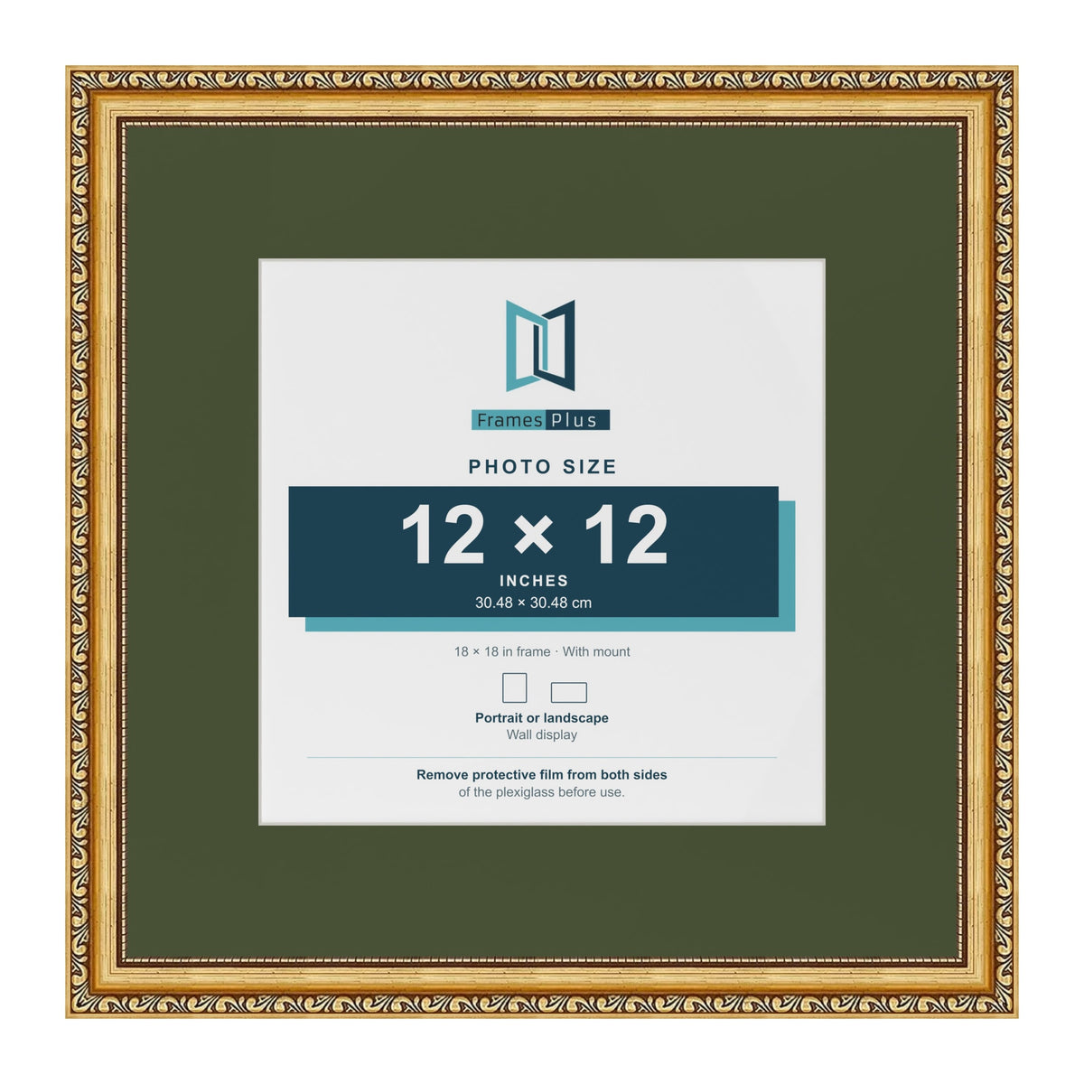 Louis Gold 18 x 18 inch picture frame with a green mount for a 12 x 12 inch photo