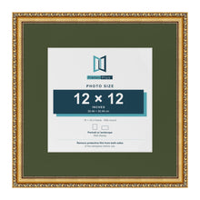 Louis Gold 18 x 18 inch picture frame with a green mount for a 12 x 12 inch photo