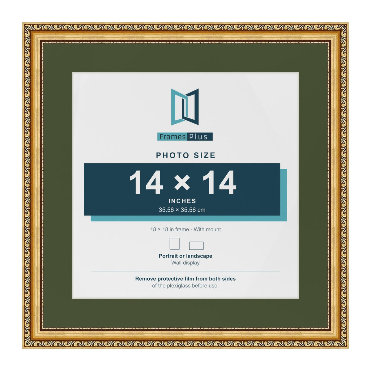 Louis Gold 18 x 18 inch picture frame with a green mount for a 14 x 14 inch photo