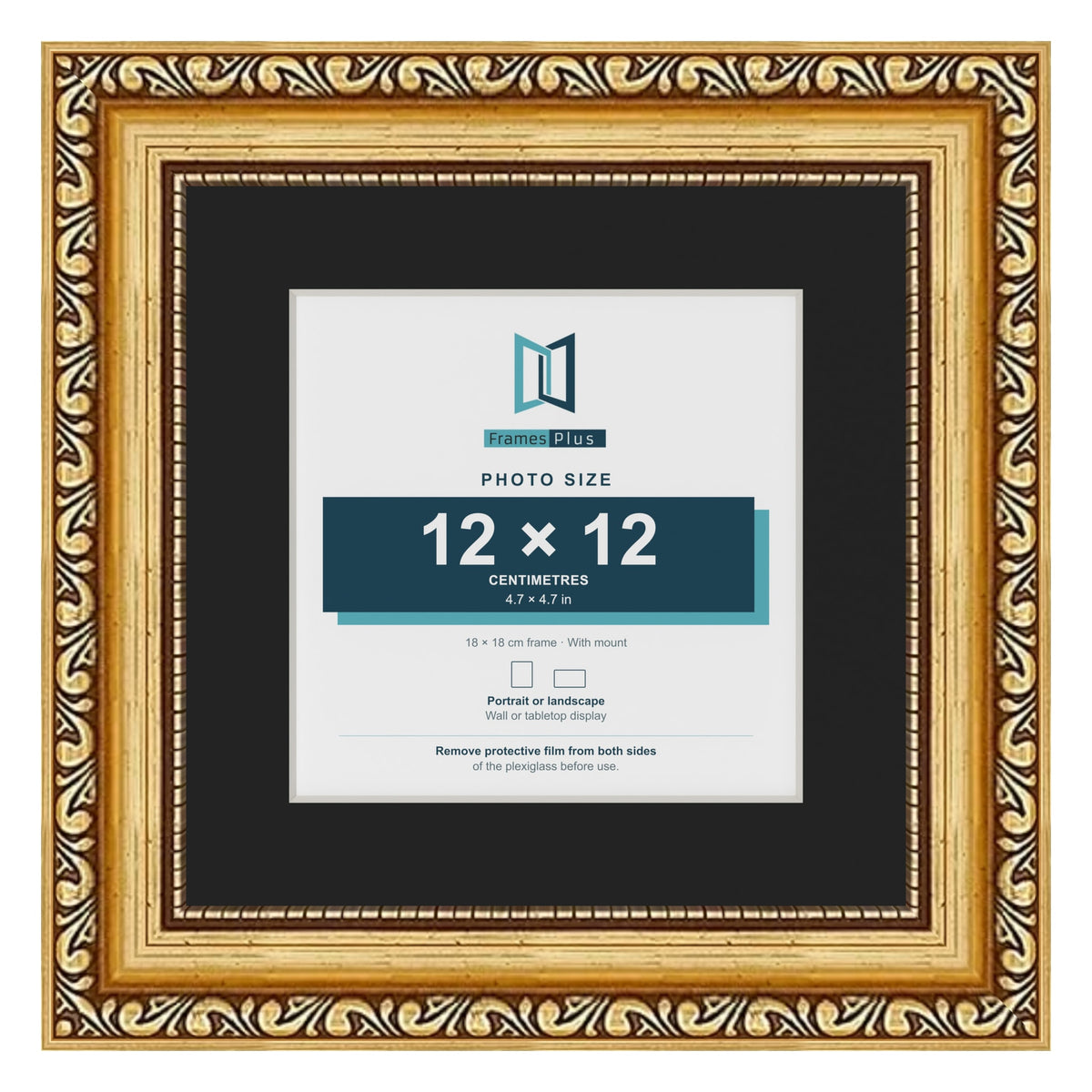 Louis Gold 18 x 18 cm picture frame with a black mount for a 12 x 12 cm photo