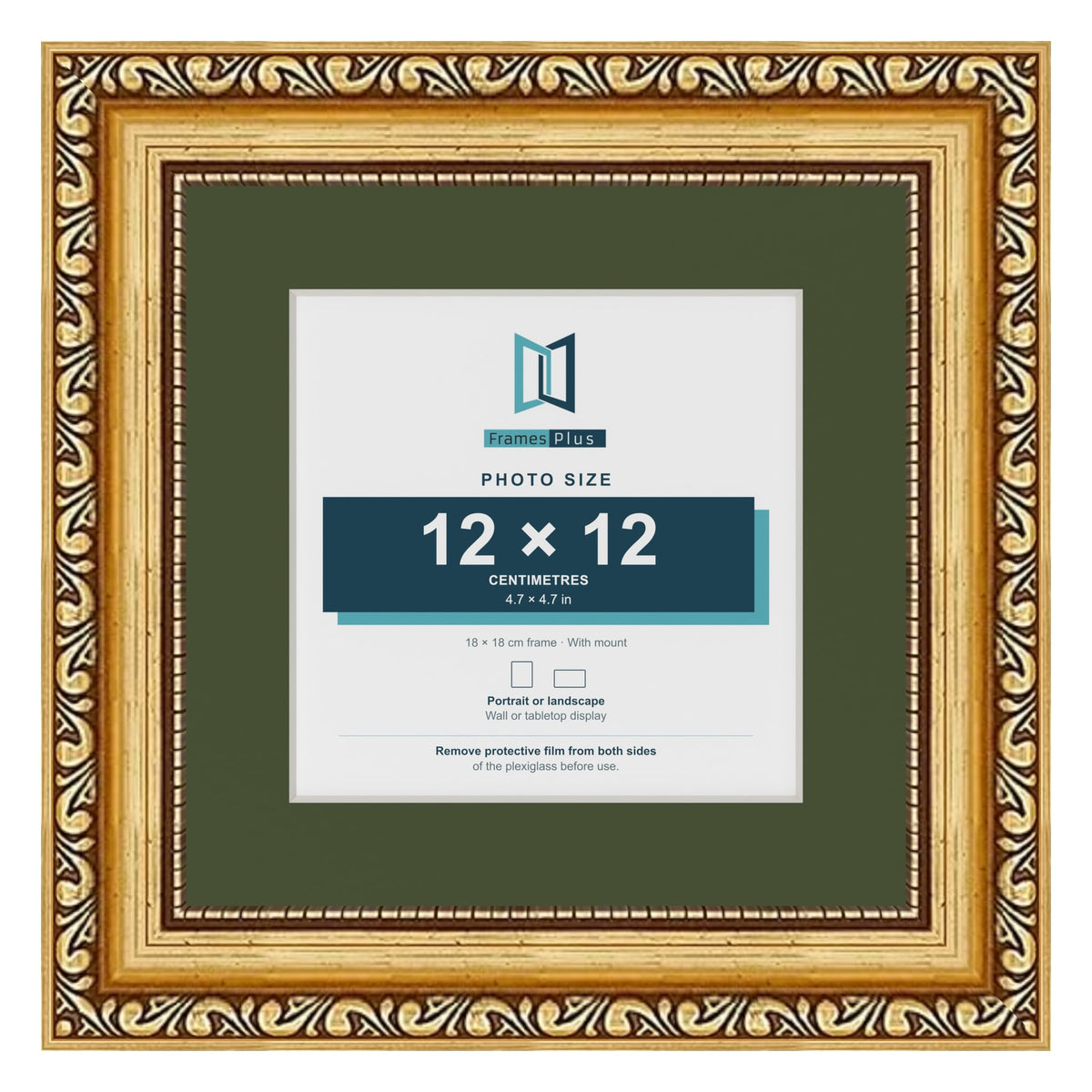 Louis Gold 18 x 18 cm picture frame with a green mount for a 12 x 12 cm photo