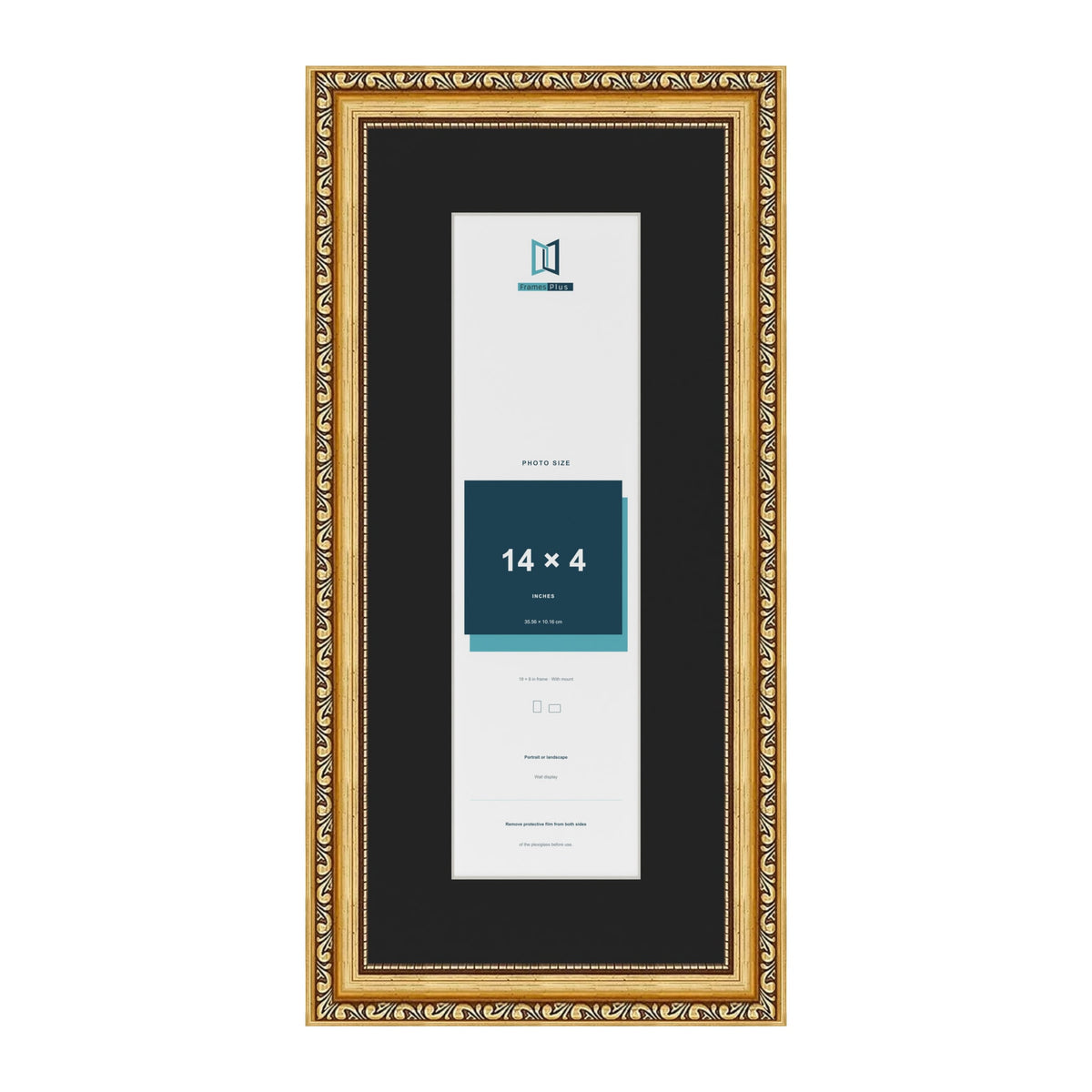 Louis Gold 18 x 8 inch picture frame with a black mount for a 14 x 4 inch photo