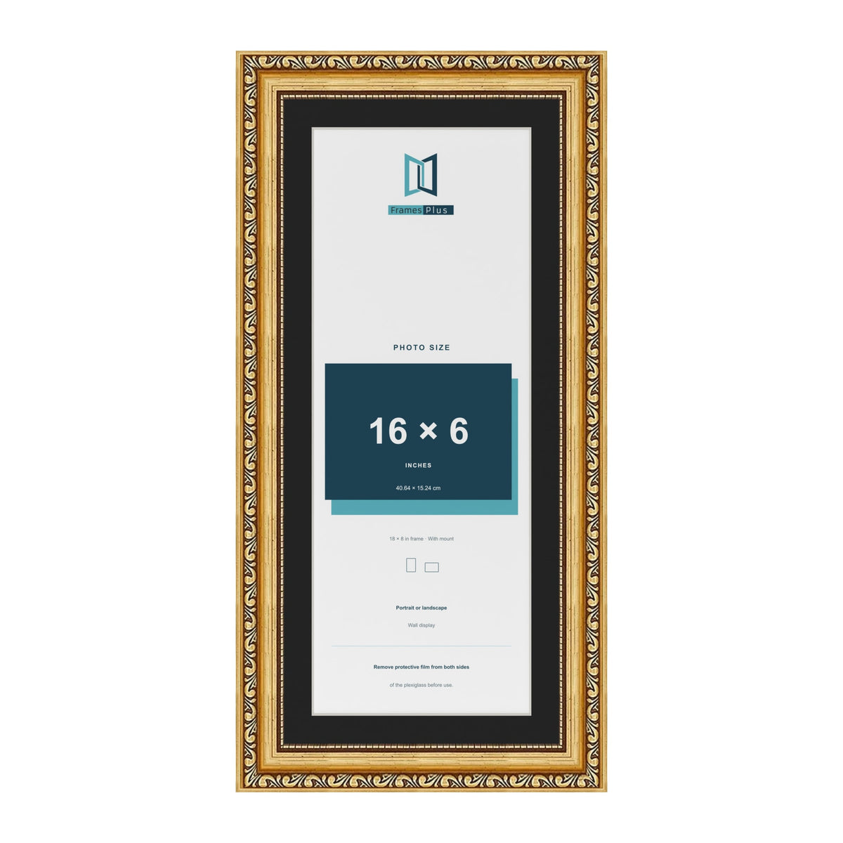 Louis Gold 18 x 8 inch picture frame with a black mount for a 16 x 6 inch photo