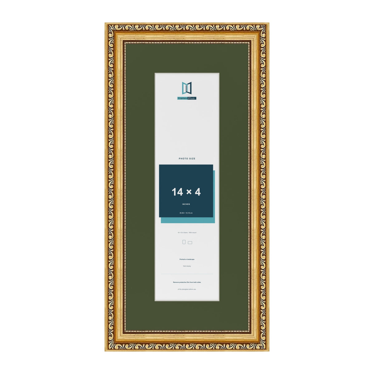 Louis Gold 18 x 8 inch picture frame with a green mount for a 14 x 4 inch photo