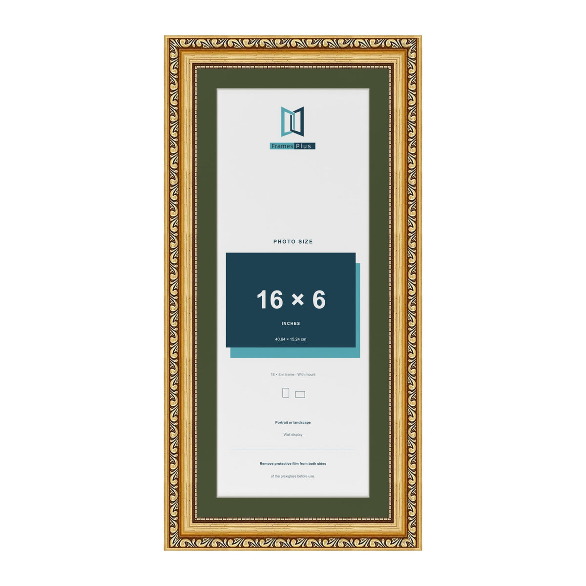 Louis Gold 18 x 8 inch picture frame with a green mount for a 16 x 6 inch photo