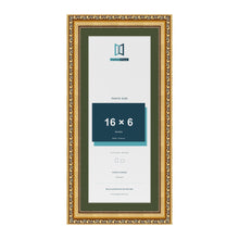 Louis Gold 18 x 8 inch picture frame with a green mount for a 16 x 6 inch photo