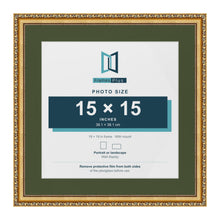 Louis Gold 19 x 19 inch picture frame with a green mount for a 15 x 15 inch photo