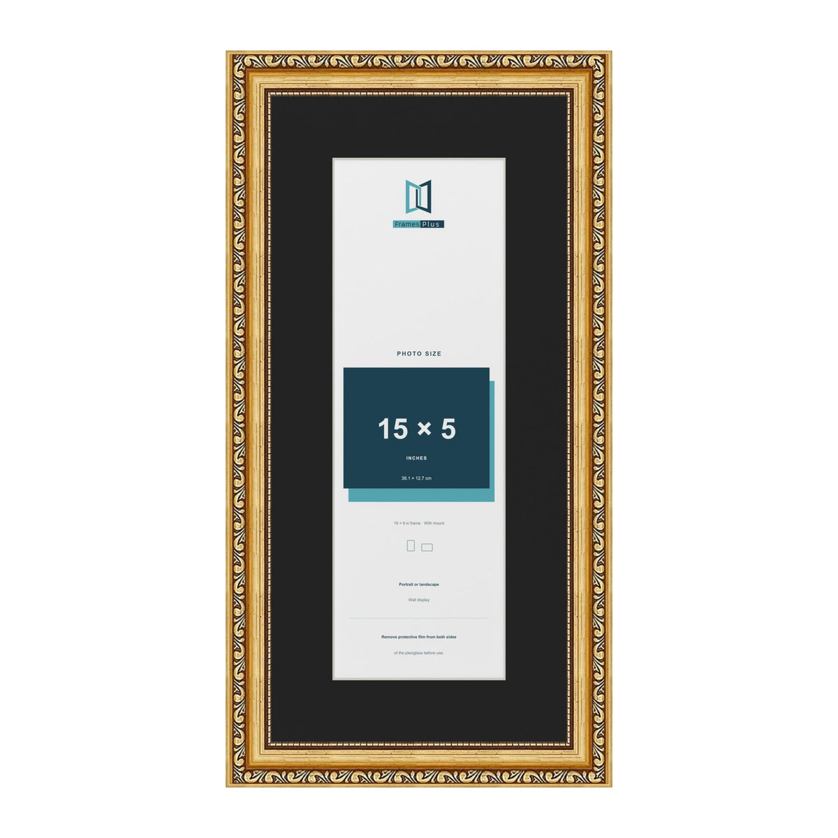 Louis Gold 19 x 9 inch picture frame with a black mount for a 15 x 5 inch photo