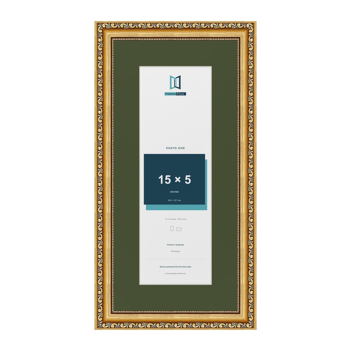 Louis Gold 19 x 9 inch picture frame with a green mount for a 15 x 5 inch photo