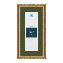 Louis Gold 19 x 9 inch picture frame with a green mount for a 15 x 5 inch photo