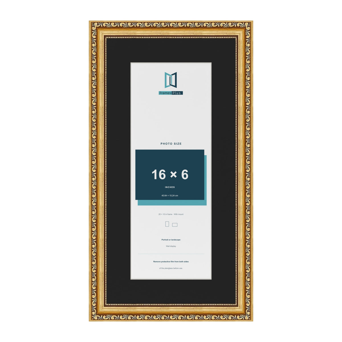 Louis Gold 20 x 10 inch picture frame with a black mount for a 16 x 6 inch photo