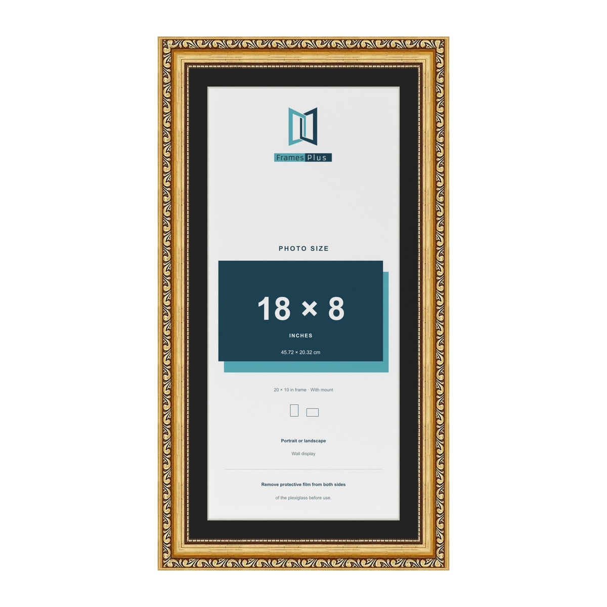 Louis Gold 20 x 10 inch picture frame with a black mount for an 18 x 8 inch photo