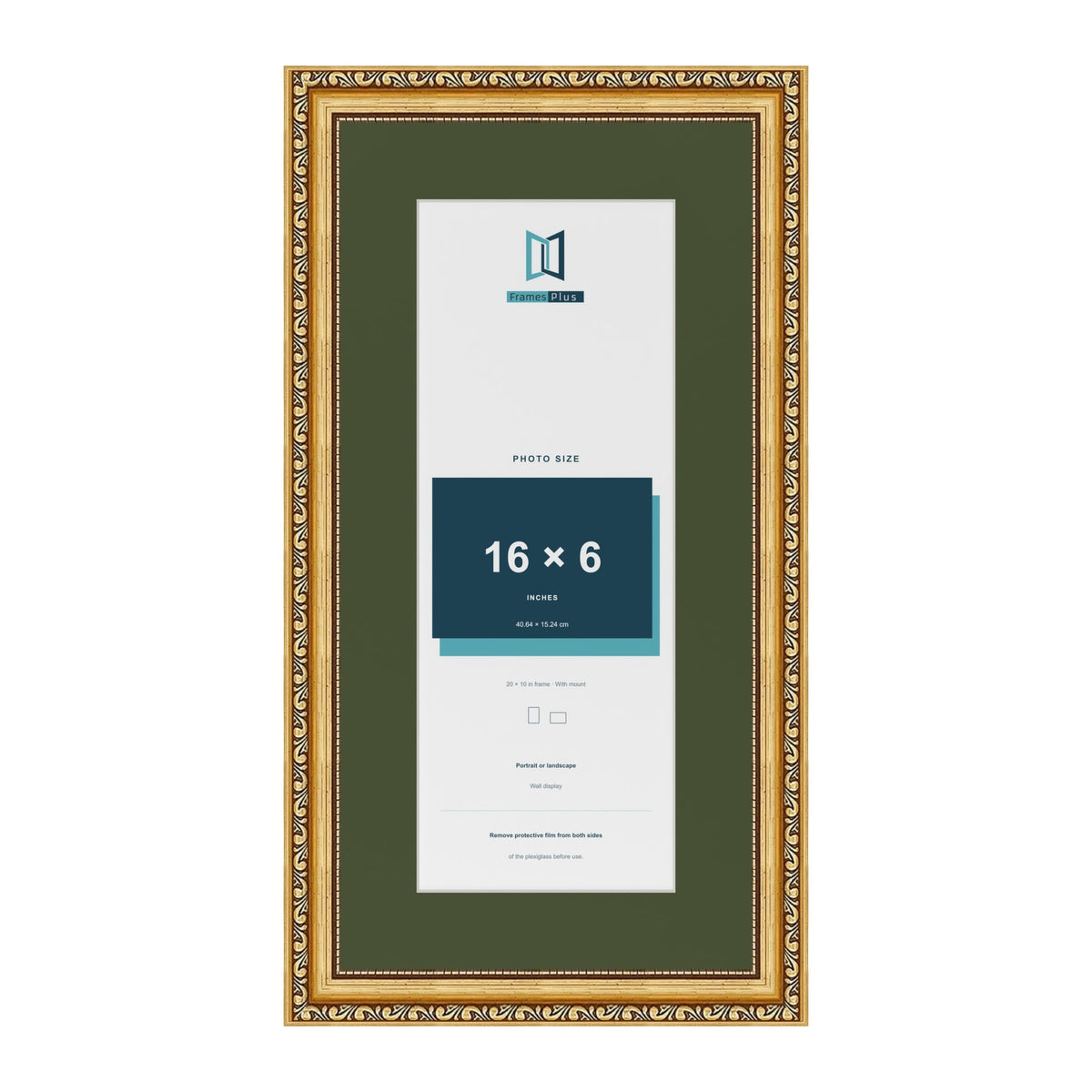 Louis Gold 20 x 10 inch picture frame with a green mount for a 16 x 6 inch photo