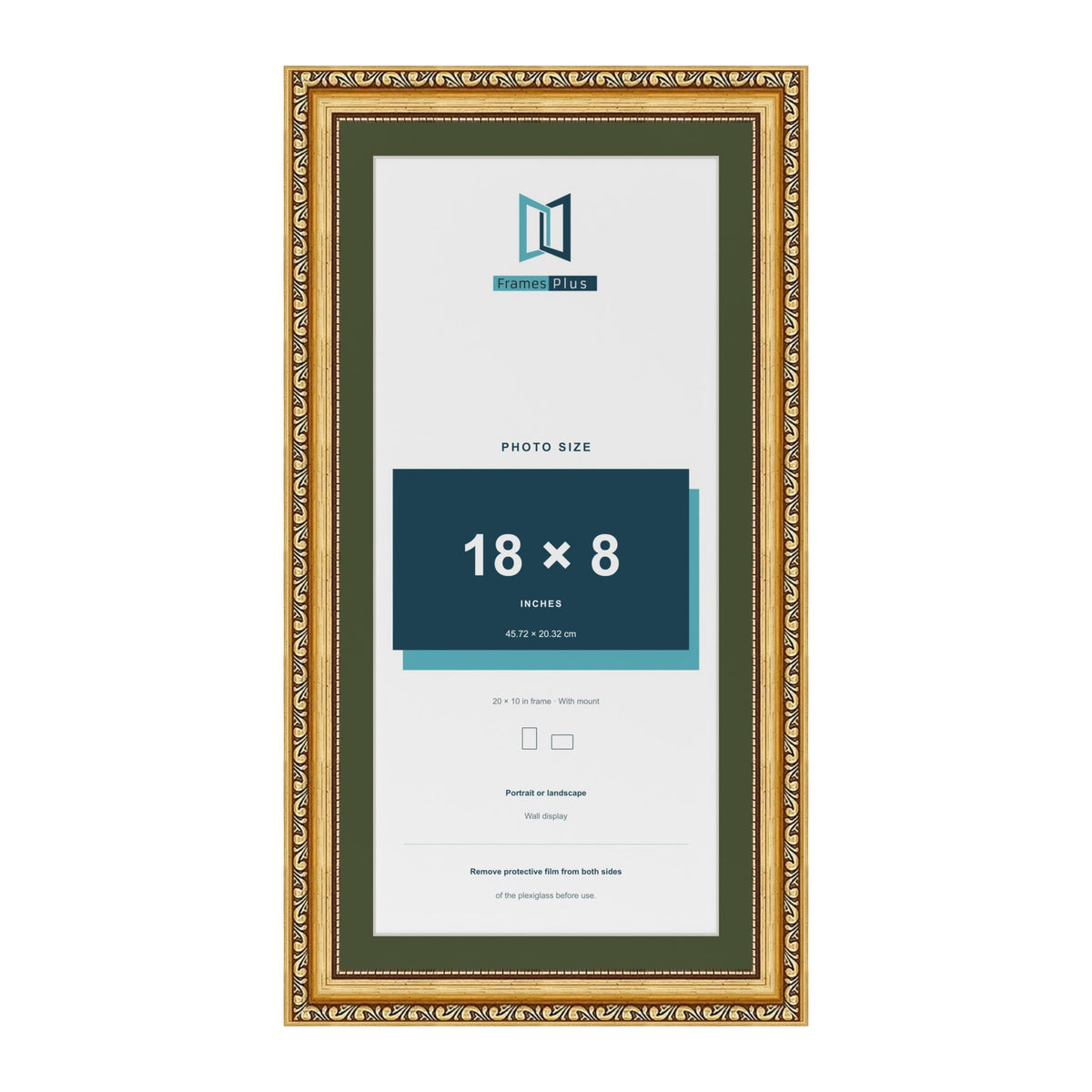 Louis Gold 20 x 10 inch picture frame with a green mount for an 18 x 8 inch photo