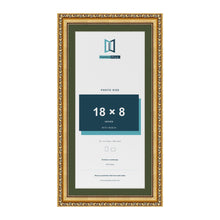 Louis Gold 20 x 10 inch picture frame with a green mount for an 18 x 8 inch photo