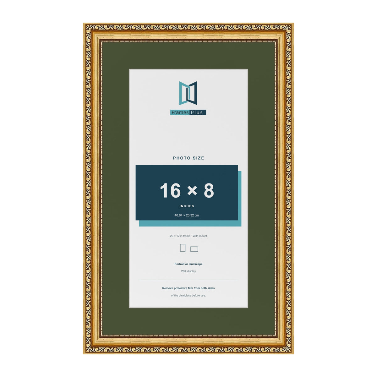 Louis Gold 20 x 12 inch picture frame with a green mount for a 16 x 8 inch photo