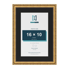 Louis Gold 20 x 14 inch picture frame with a black mount for a 16 x 10 inch photo