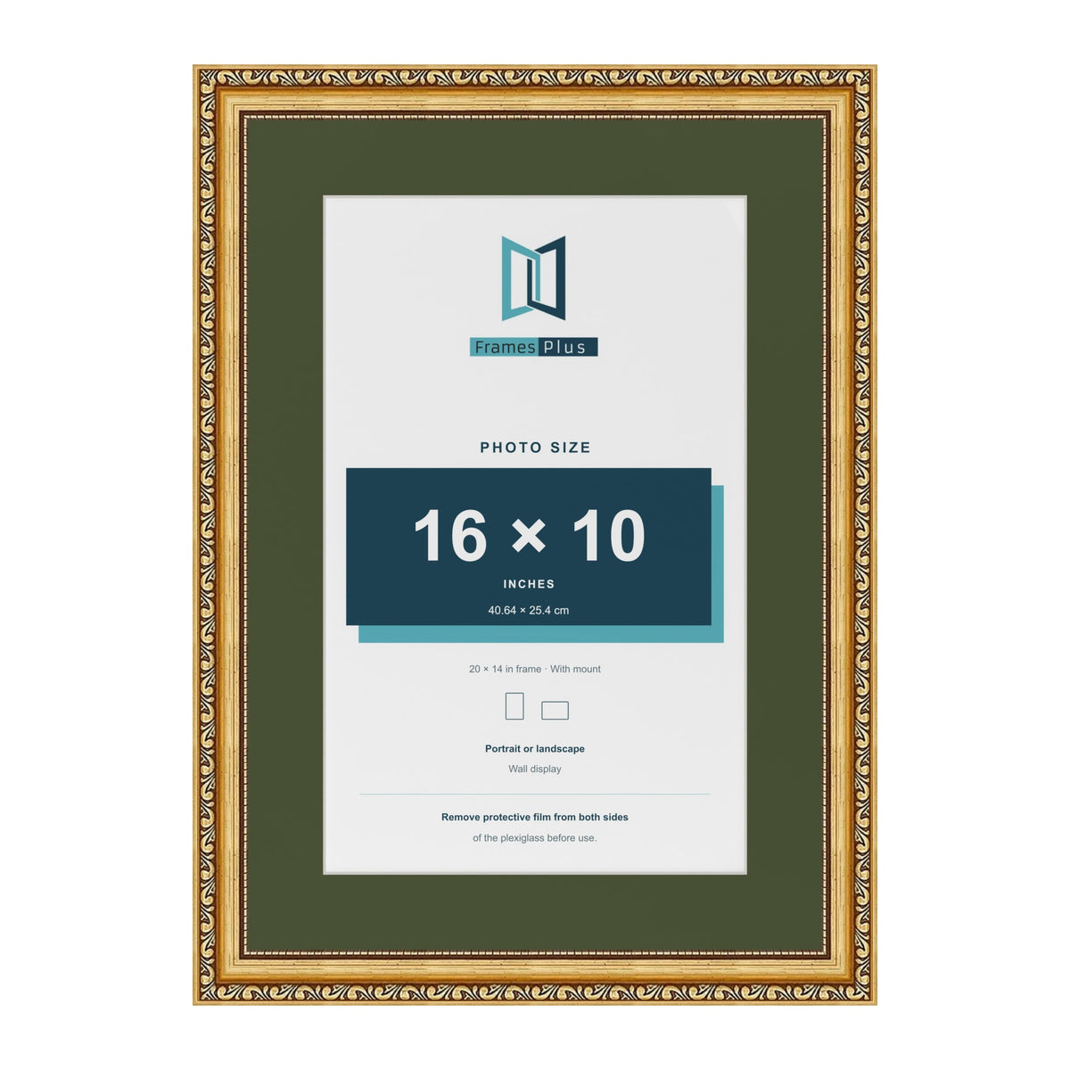 Louis Gold 20 x 14 inch picture frame with a green mount for a 16 x 10 inch photo