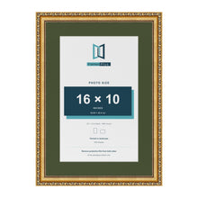 Louis Gold 20 x 14 inch picture frame with a green mount for a 16 x 10 inch photo