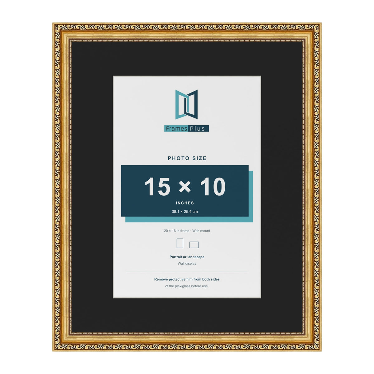 Louis Gold 20 x 16 inch picture frame with a black mount for a 15 x 10 inch photo